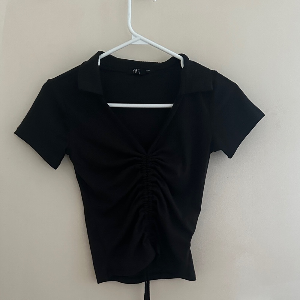 YMI Black Collared Ruched Blouse